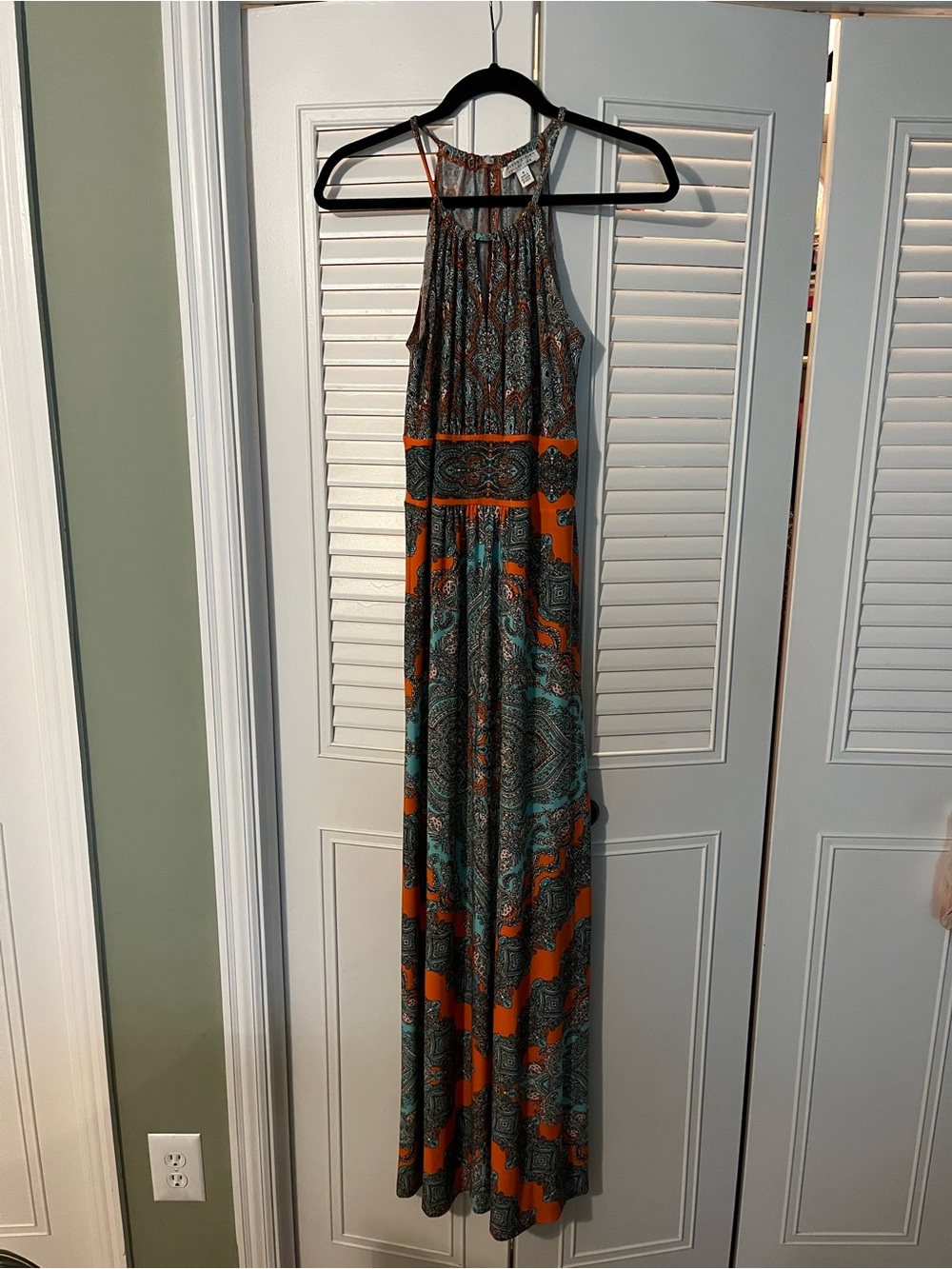 London Style Orange & Teal Paisley Halter Maxi Dress